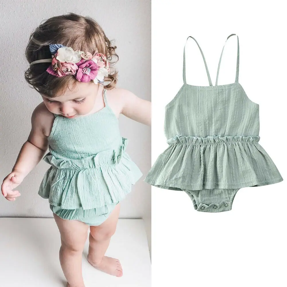 

Newborn Infant Baby Girl Clothes Cotton Ruffle Tutu Romper Dress Sleeveless Jumpsuit Sling Bodysuit Solid Color Outfits Sunsuit