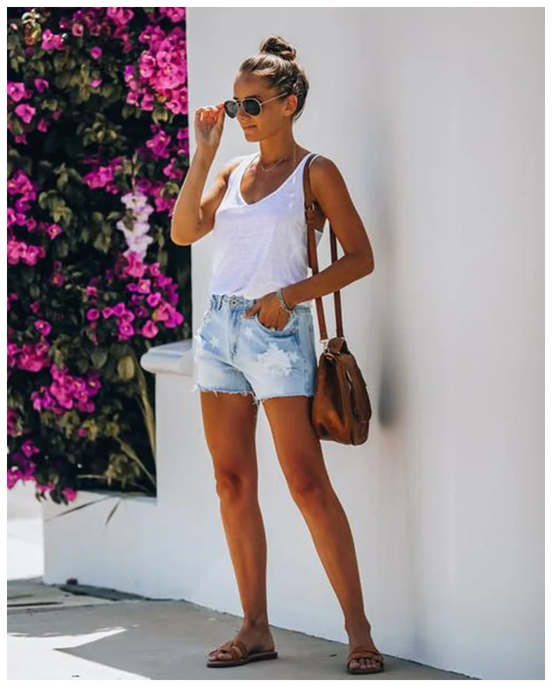 

WEPBEL Women Jeans Shorts Ripped Shorts Straight-Leg Pants Mid-Waist Star Pattern Women's Jeans Summer Fashion