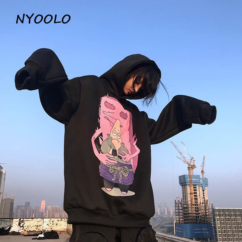 NYOOLO Harajuku street childlike мультфильм печати плюс бархат теплые толстовки Осень Зима Свободный пуловер толстовка с капюшоном для женщин мужчин