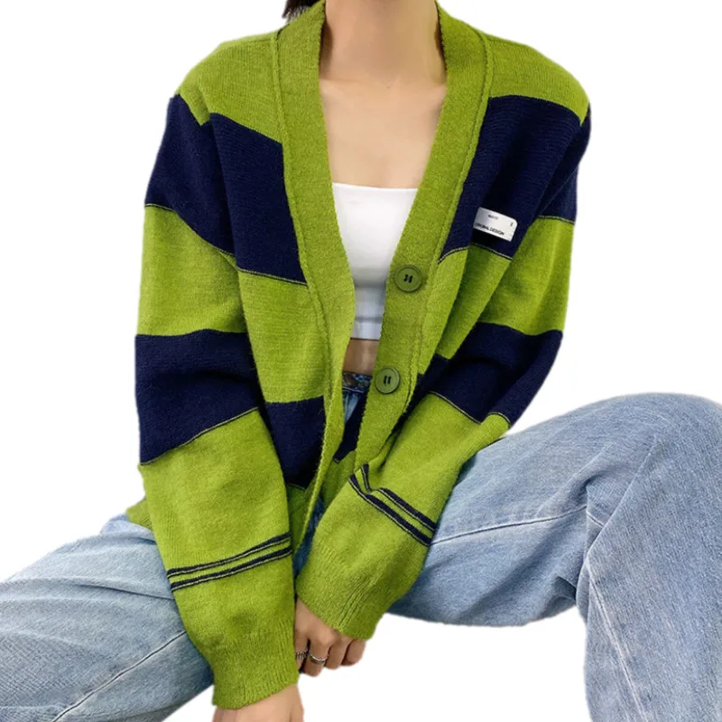 

Женский свитер с цветными вставками, трикотажный кардиган с длинным рукавом, V-образным вырезом, пуговицами и полосками, для взрослых, весна-...