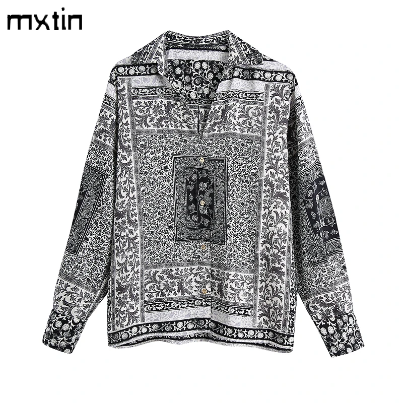 

MXTIN 2021 Women Spring Fashion Print Single Breasted Blouses Vintage Lapel Collar Long Sleeve Female Shirts Blusas Casual Tops