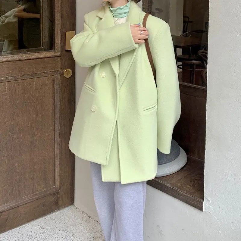 Korean Chic Woolen Blazers Women Fashion Loose Avocado Green Jacket Autumn Winter High Street Suit Coats Female