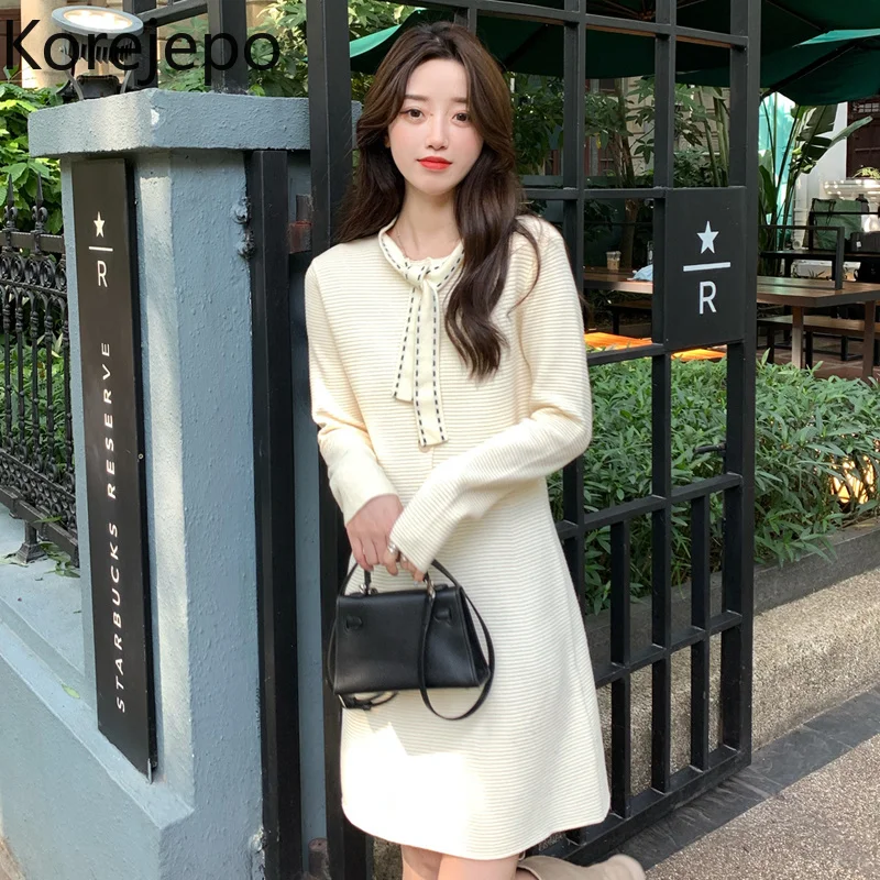 

Korejepo Knitted Dress Women's Autumn and Winter 2021 New Korean Chic Fashion Simple Bottom Apricot Short Dresses sweet Casual