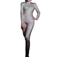 shining full of diamonds long sleeve women jumpsuits backless tight stretch bodysuits pole dancing costumes nightclub outfit