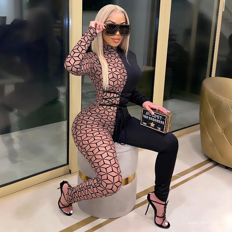 

Женский комбинезон на шнуровке, весенний Облегающий комбинезон в стиле пэчворк на бретельках с длинным рукавом, повседневные Комбинезоны д...