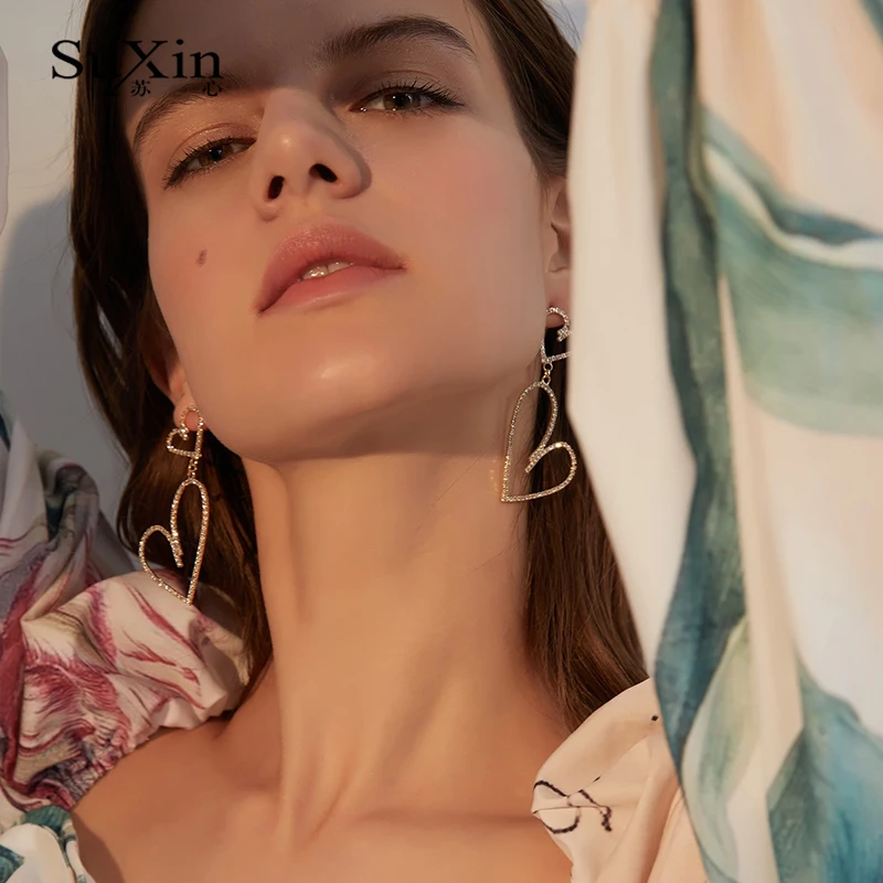 Suxin серьги 2020 новый темперамент полые Двойные сердца для женщин Длинные любовь