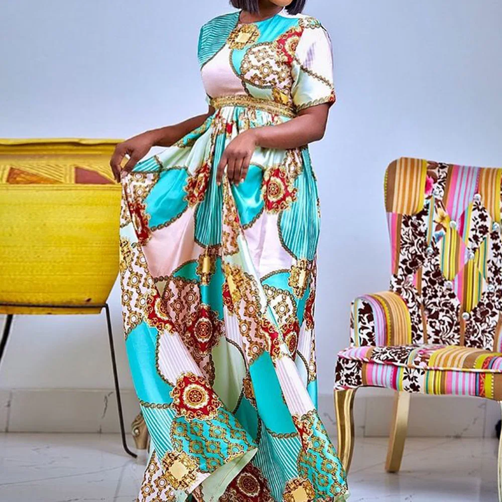 Vestido largo bohemio de manga corta para mujer, vestido largo informal con estampado, estilo étnico africano, Vintage, de talla grande 3XL, 2021