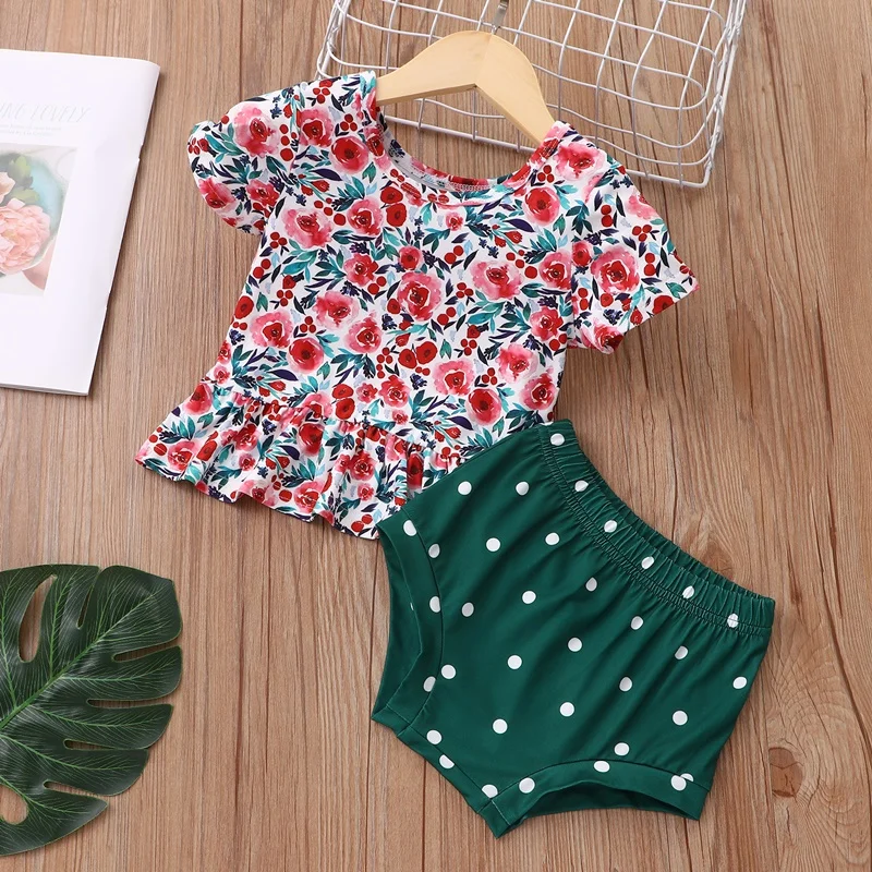 

New Baby Girl Clothes Set Baby Clothes 2 Pcs Sets Flower Print Short Sleeve Tops+dot Briefs Boho Summer Girls Clothes 0-18M