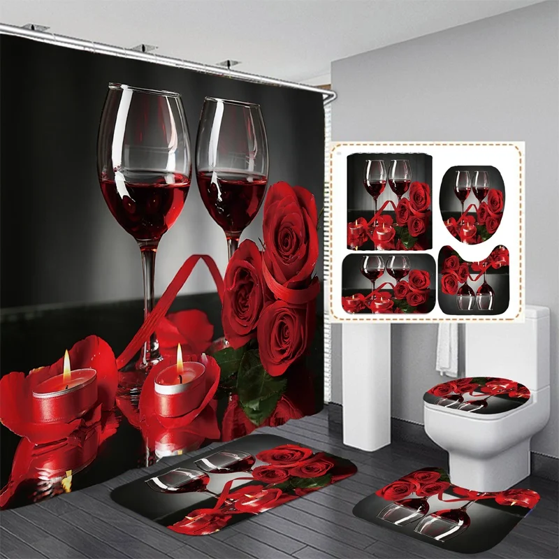 

3d Red Wine Rose Pattern Waterproof Shower Curtain Non-slip Cushion Toilet Cushion U-shaped Cushion Bathroom Essential Set