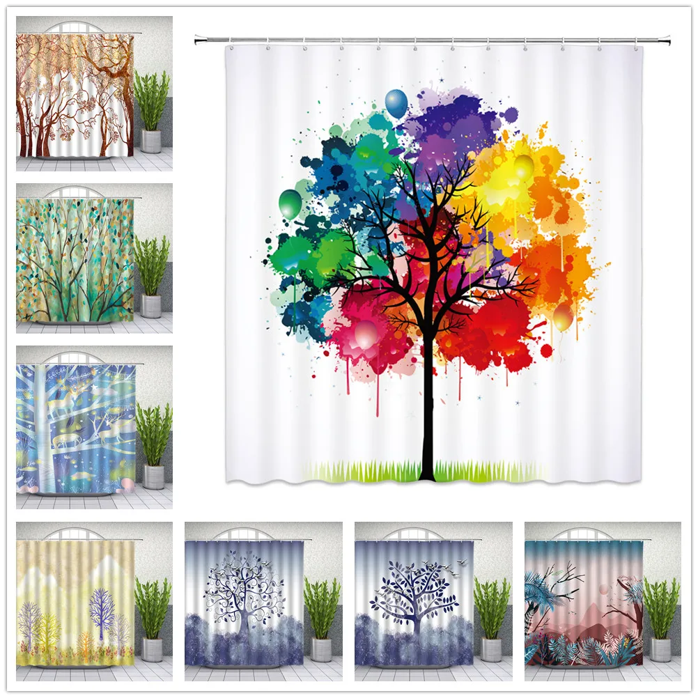 

Green plant Shower Curtains Hand Painted Colorful Palm leaves coconut tree Pink Flamingo Bathroom Decor Waterproof Cloth Curtain