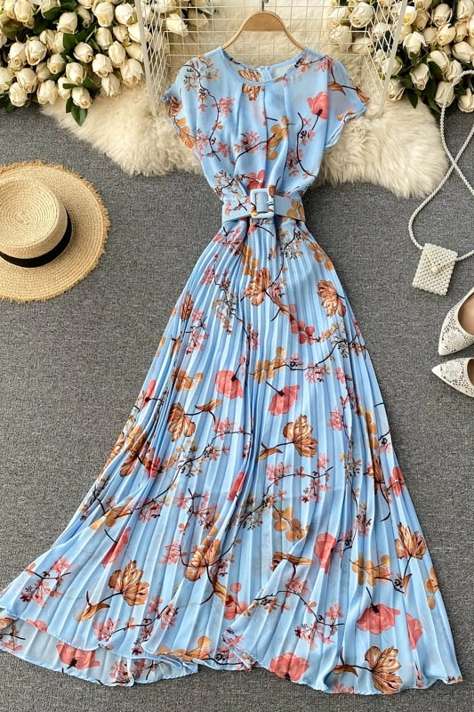 

ZQLZ ZQLZ Summer Dress Women Short Sleeve High Waist Printing Pleated Dresses With Belt Slim Fit Elegant Lady Folds Long Vestido