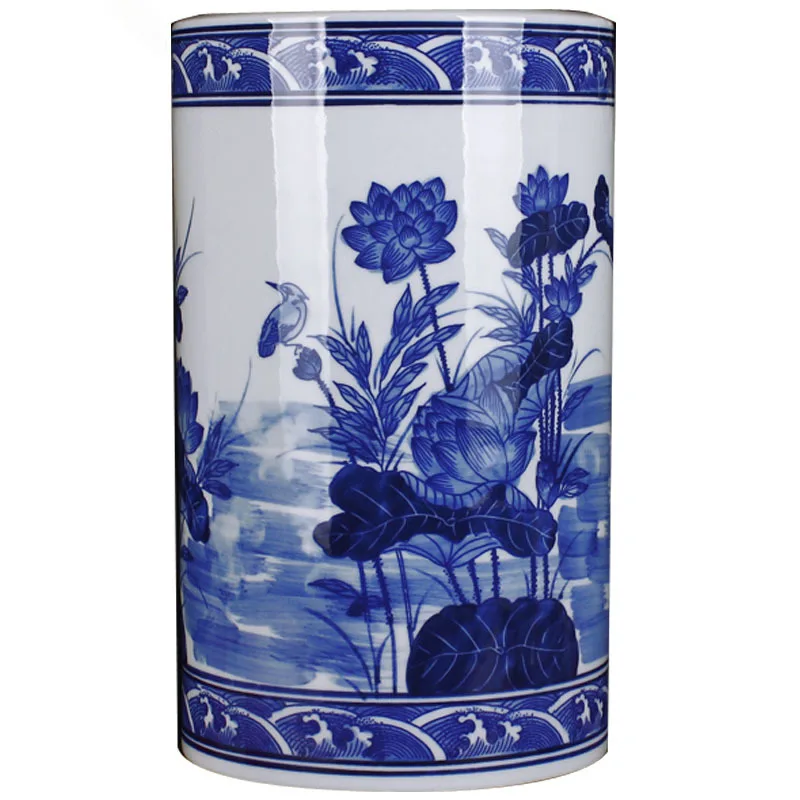 

Retro Handicraft Ceramic Vases Blue and White Porcelain Floor Vase Cylinder Storage Jar Flower Arrangement Vintage Home Decor