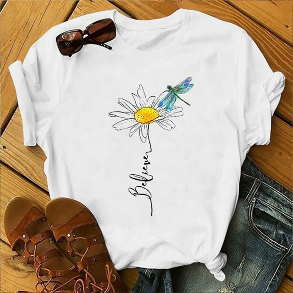 

Daisy Sunflower Dragonfly T Shirt Women Short Sleeve Tshirts Women O-neck Loose Tee Shirt Femme Black White Camisetas Mujer Top