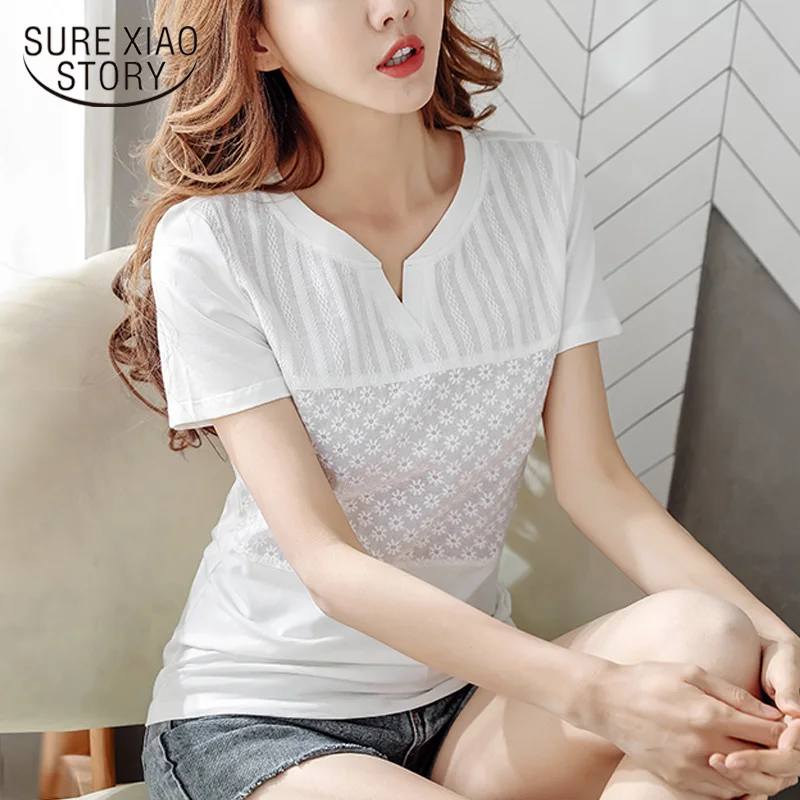 

Women Blouse Tops Summer Short Sleeve Shirt V-neck 2021 New Fashion Solid Cotton Floral Lace Blouses Feminine Plus Size