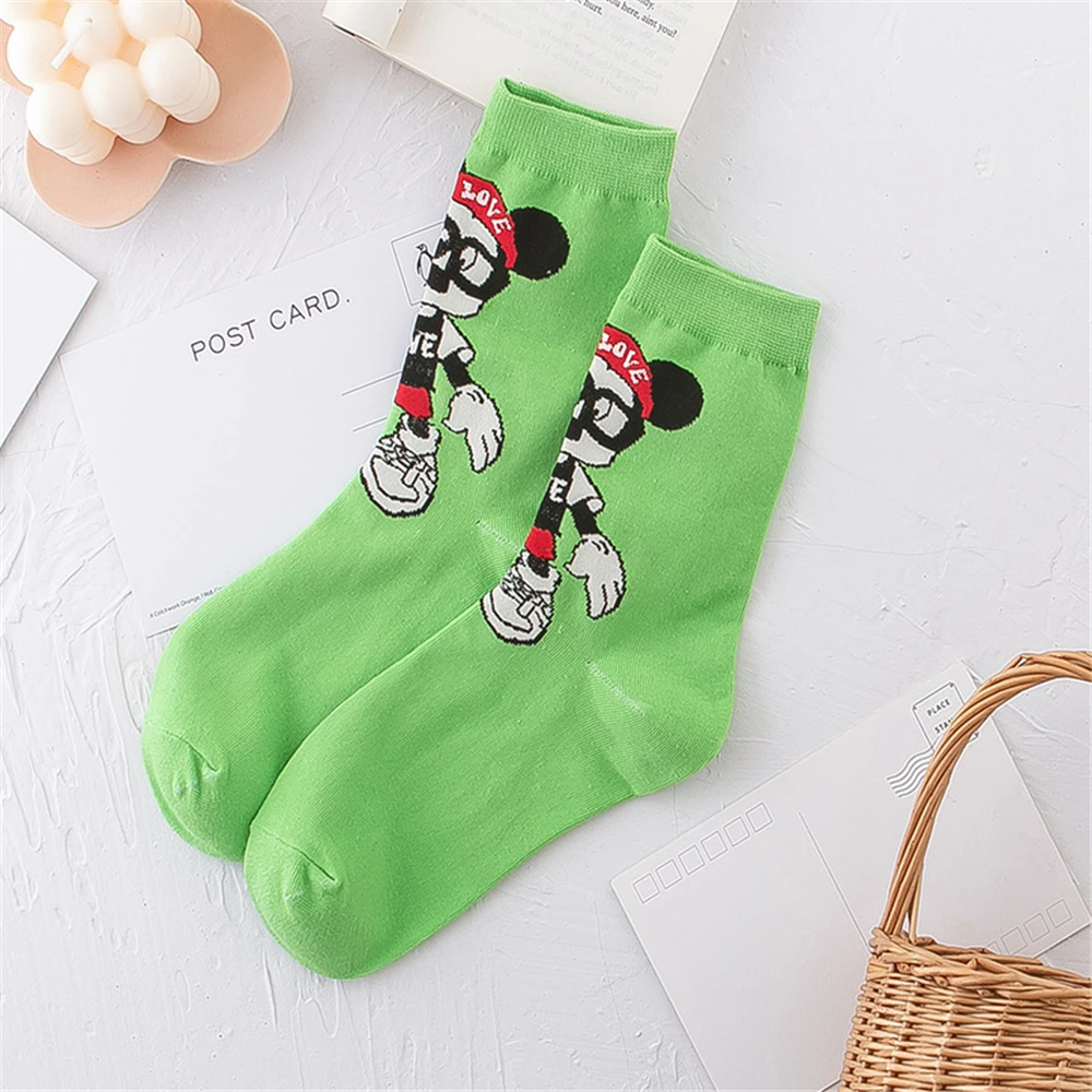 5 Pairs Disney Cartoon Mickey Minnie Mouse Mid-Length Socks Girls Socks Favorite Character Women Socks