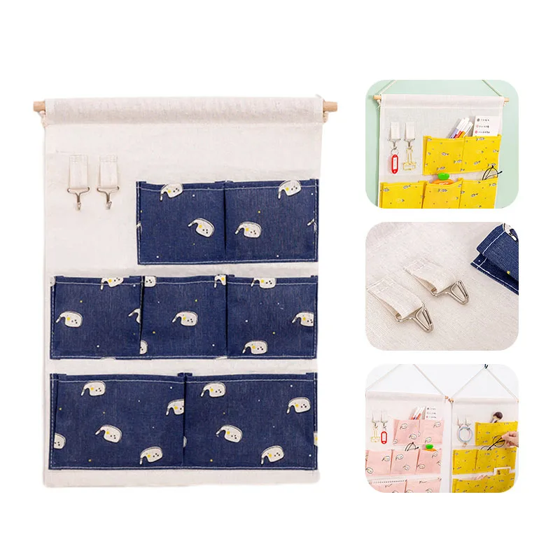 

Hanging Storage Bag for Door Wall 6 Pockets 2 Hooks Hanging Organizer Wardrobe Closet Organizer Cartoon Sundries Cosmetics Bag