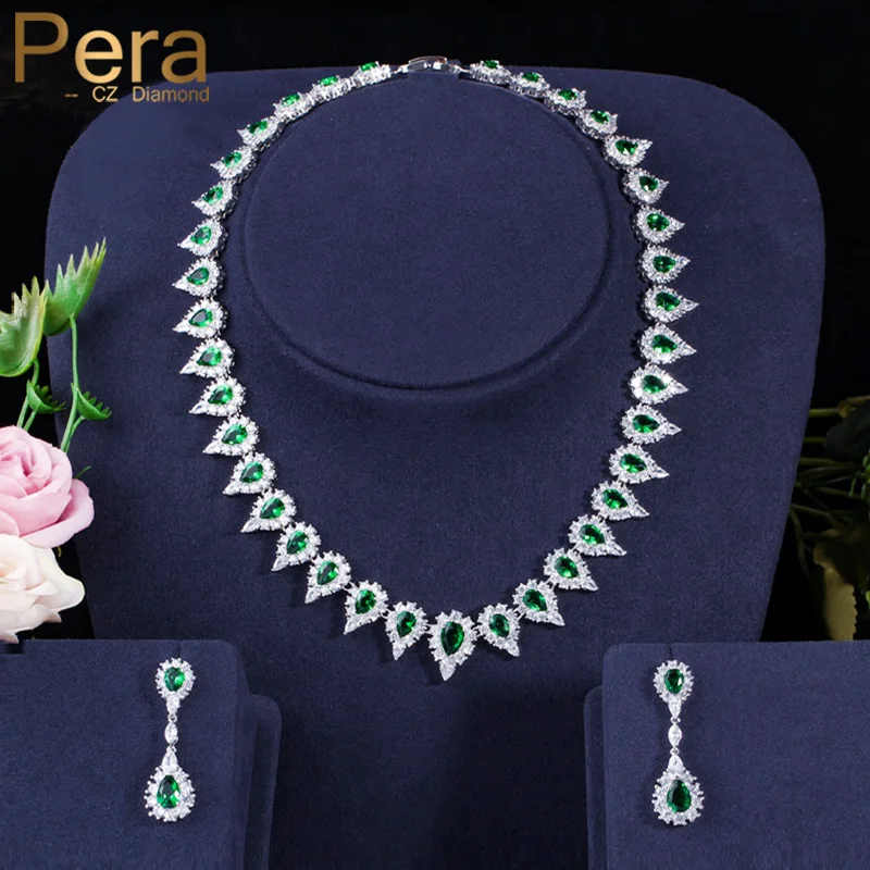 Pera Элегантный комплект из 2 предметов с зеленым фианитом для женщин Свадебная