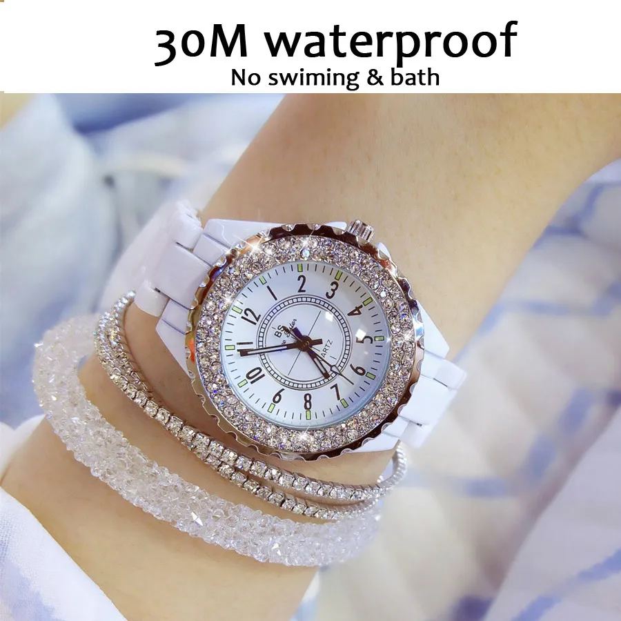 

Bs Bee Sister Women Luxury Brand Watch 2020 Ceramic White Women Wristwatches Dress Rhinestone Ladies Watches Montre Femme 2021