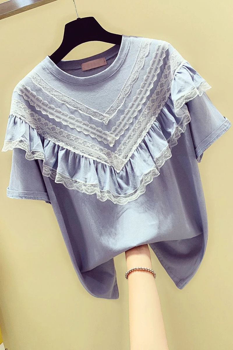 

2021 Summer Korean Loose Western Style Lace Patchwork Ruffled Short Sleeve Round Neck T-shirt Women T-shirt