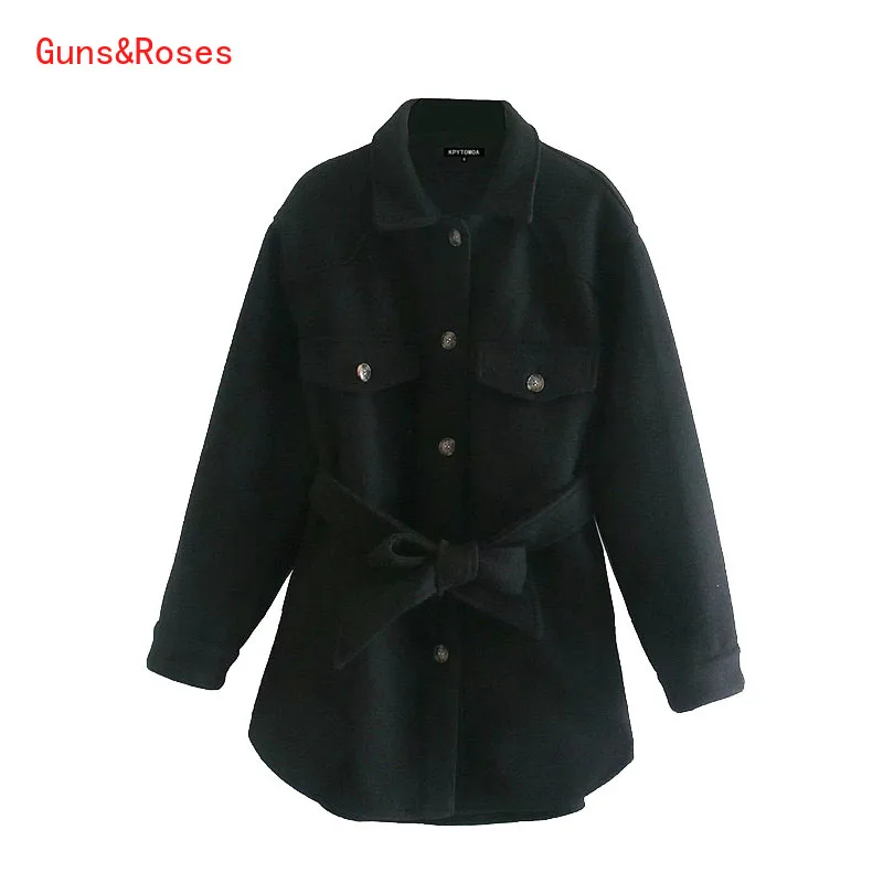 

Za Woman 2021 Fashion With Belt Loose Woolen Jacket Coat Vintage Long Sleeve Side Pockets Chic Women's Coat