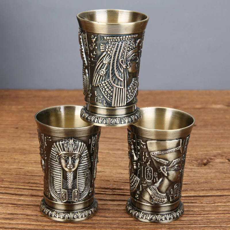 

Creative Unique Wine Glass Metal Vintage Egyptian Carved Pattern Wine Glass Bar Whiskey Cocktail Cup Household Drinking Tool