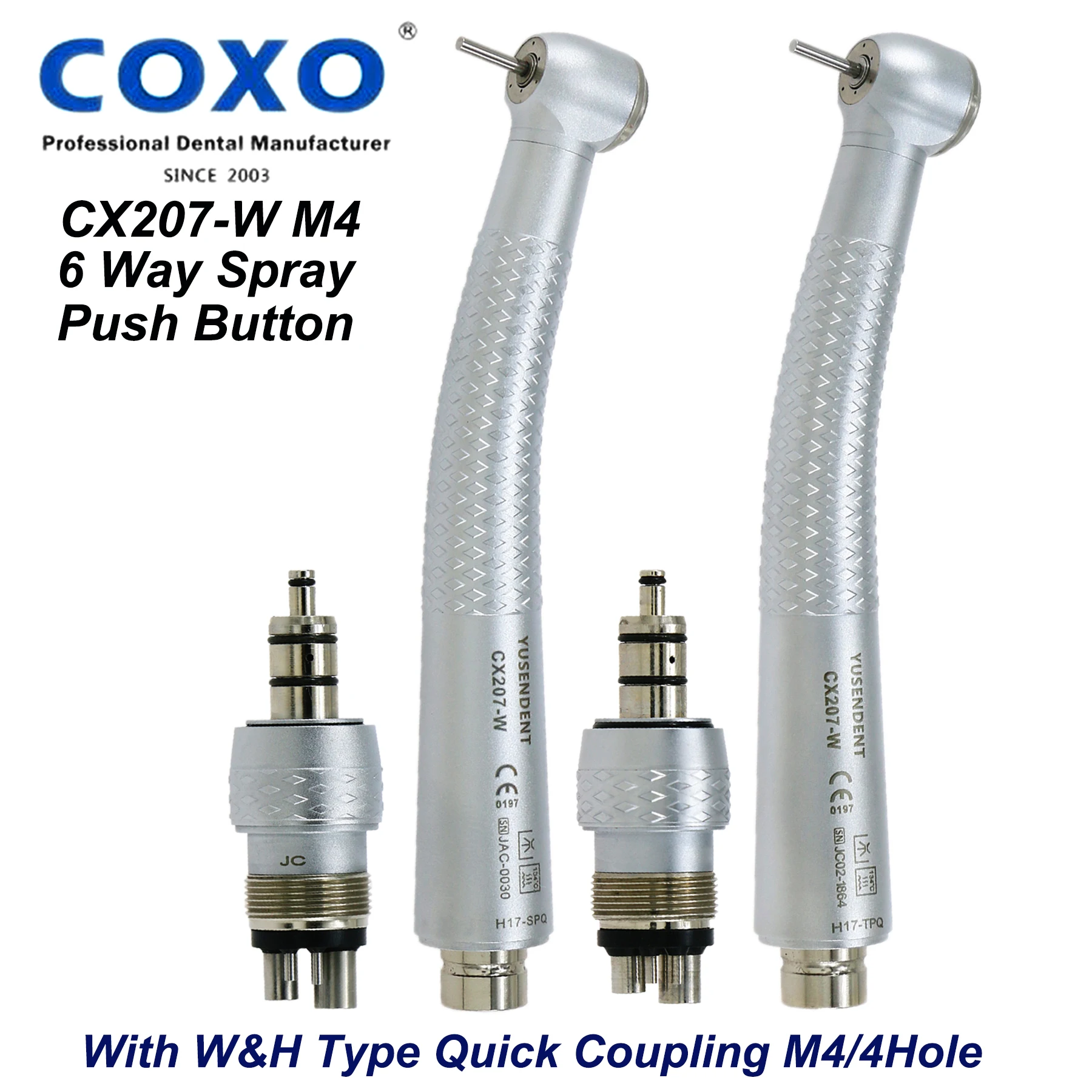 COXO YUSENDENT Standard Big Torque Head High Speed Air Tubrine Quick Coupling Handpiece M4 4Hole CX207-W With Coupler