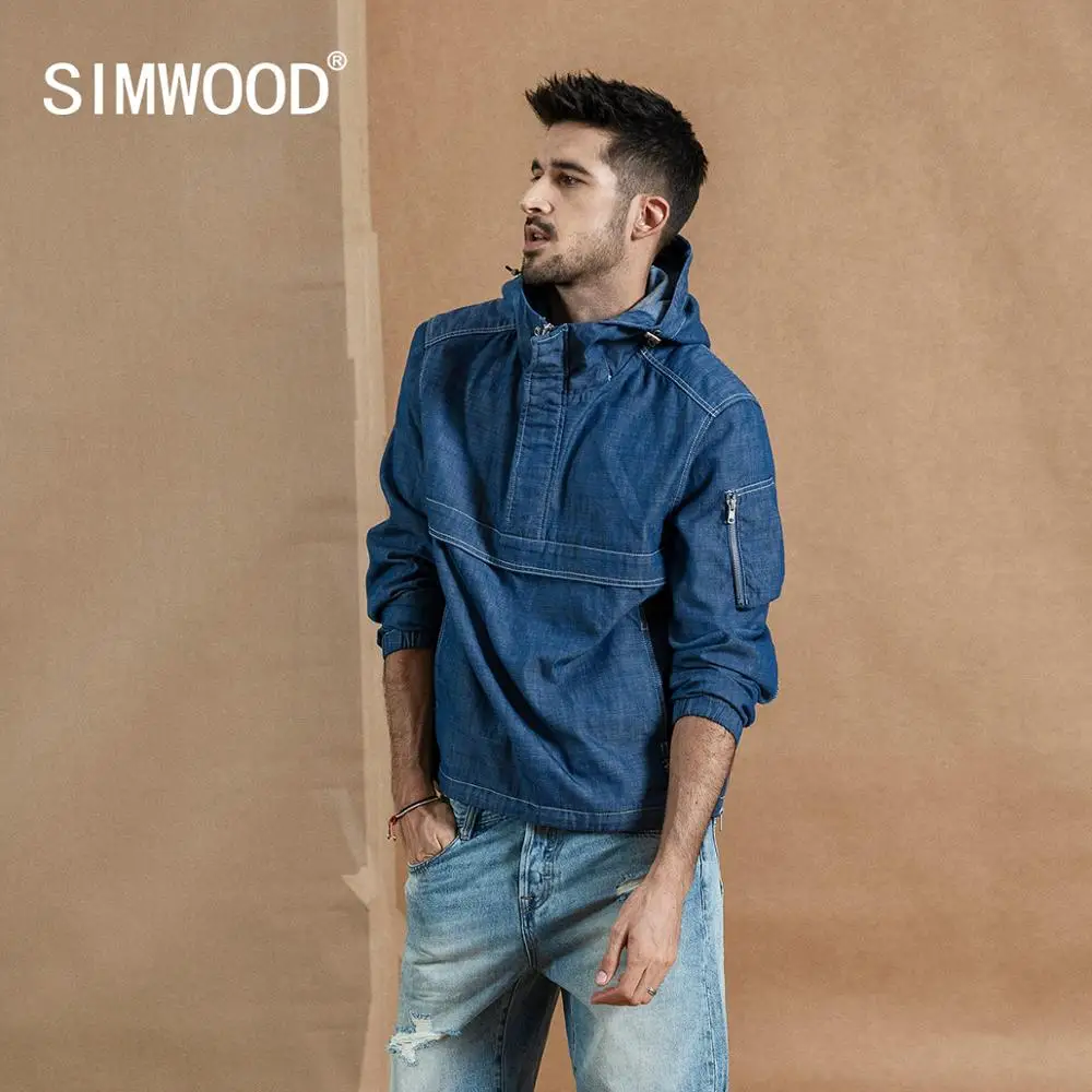 Мужская куртка-пуловер с капюшоном SIMWOOD, демисезонная курточка с молнией в половину длины,, худи из материала, стилизованного под джинсовую ткань, 190357