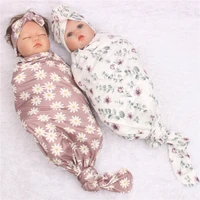 3pcs newborn baby floral print swaddle wrap knotted beanie hat bowknot headband set infant receiving blanket gifts