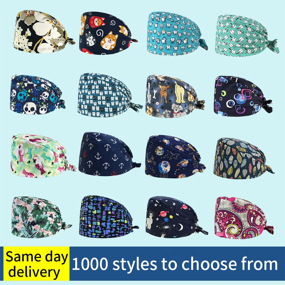 

Рабочая шапка-скрабы унисекс, Мультяшные шапки с рисунком, регулируемые скрабы, шляпа для салона красоты, лаборатория, магазин домашних жив...