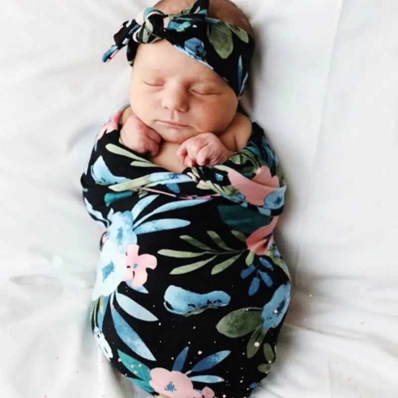 

3 Pcs Baby Printed Swaddling Wrap Blanket + Hat + Headband Set Shower Gifts