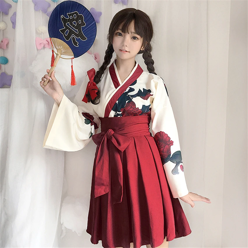 Japanese Style Retro Floral Kimono Long Sleeve Cosplay Costume For Girls Corn Poppy Flower Skirt Female Adult Dress |