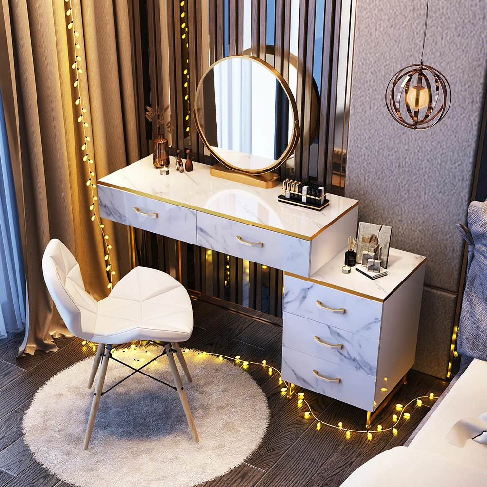 

INS Style Black Gold Dressing Table Bedroom Storage Cabinet Set Light Luxury Small Apartment Vanity Mirror Table With Led Light