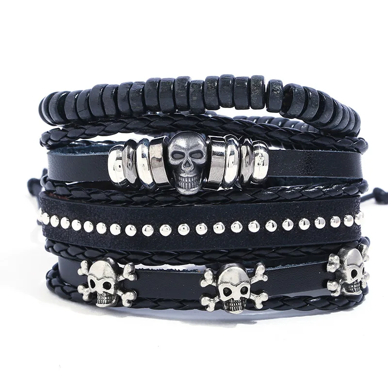 

2020 new European and American popular skull beads Retro Leather Bracelet men's bracelet for men knitting DIY suit accessories