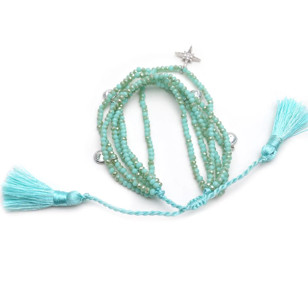 

Wholesale Handmade Metal CZ Star Charms Multi Rows Glass Beads Tassel Charm Bracelet Fashion Woman Jewelry 5pc/lot