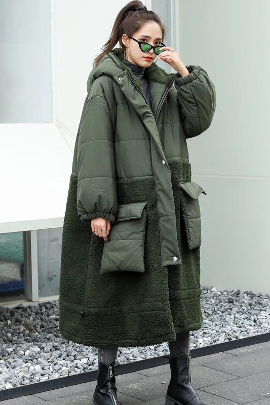 

Thick cotton-padded jacket stitching lamb hair hooded padded jacket coat cotton-padded jacket women's mid-length trendy winter
