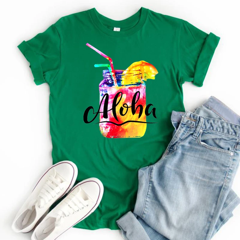 

Футболки Aloha с графическим рисунком напитков, летние футболки для женщин, милые винтажные женские топы Aloha, модные топы, Мультяшные футболки ...
