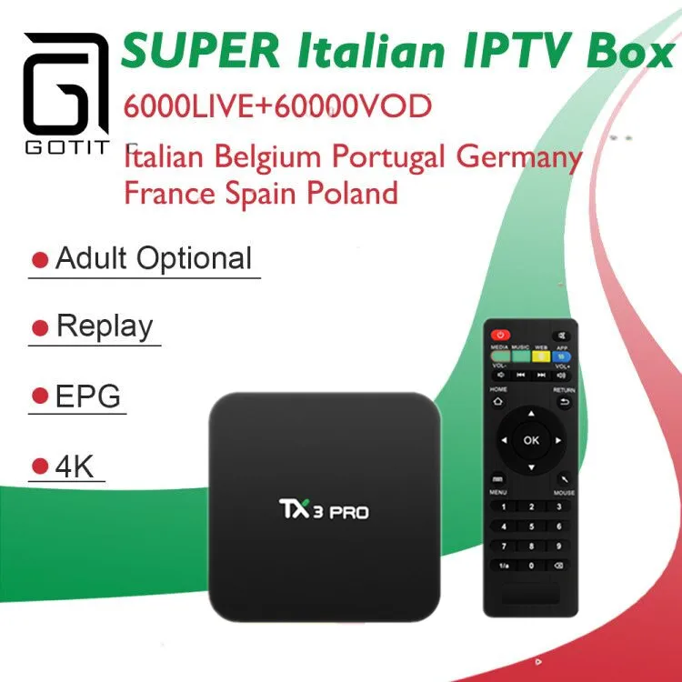 GOTiT TX3 PRO H.265 4K Android ТВ коробка с 1 год Италия Турция Германия Швейцария оплатить ТВ& VOD IP ТВ телеприставка