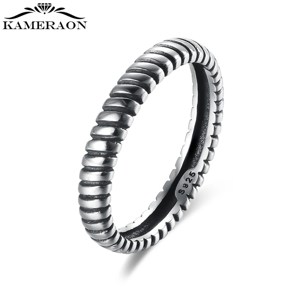 

KAMERAON High Quality 925 Sterling Silver Retro Twill Finger Rings for Women Men Couple's Stack-able Engagement Party Jewellry