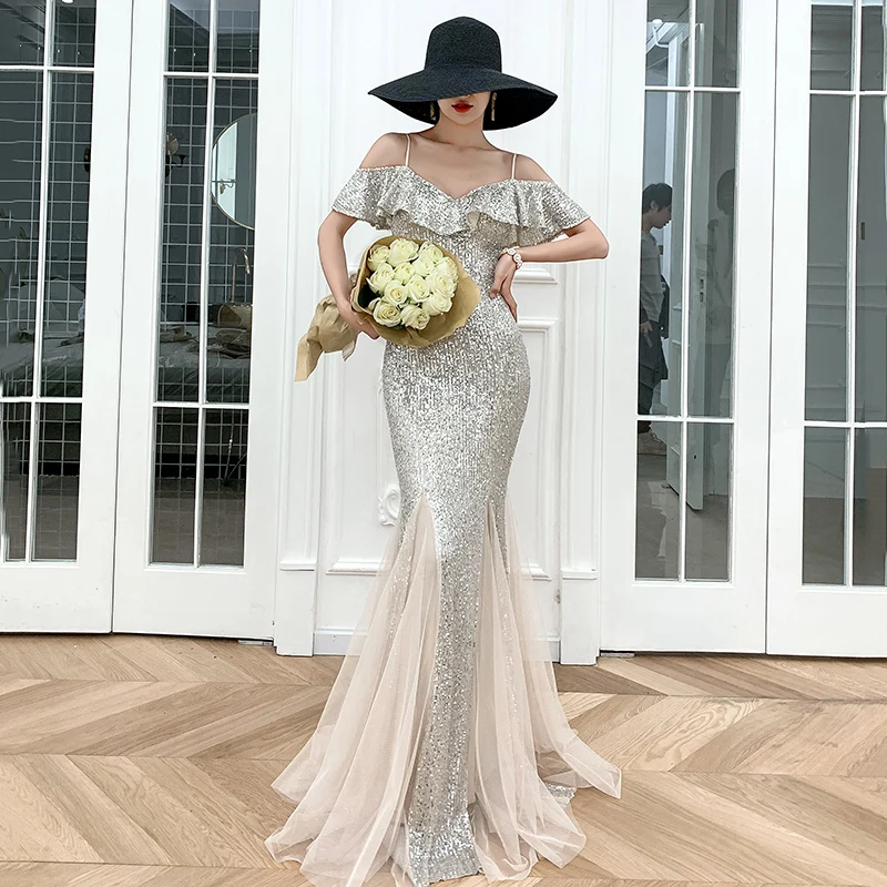 

Black Sequins High-end Evening Dress Female Vestido Largo Fiesta Noche Elegante Long Prom Mermaid Gown Sexy Mesh Robe De Soiree