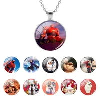 disney cartoon accessories big hero 6 characters glass round dome chain pendant necklaces for boys men cabochon jewelry fwn326