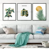 golden sun geometry art monstera canvas painting green plants leaf wall art print botanical poster decorative picture home decor