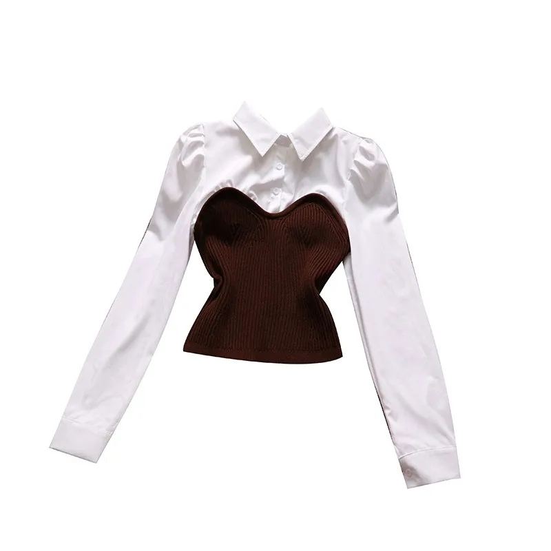 

2021 spring new female stand Color Blocking puff sleeve knit with cotton fairy shirt women's chic slim blouses women OL shirts