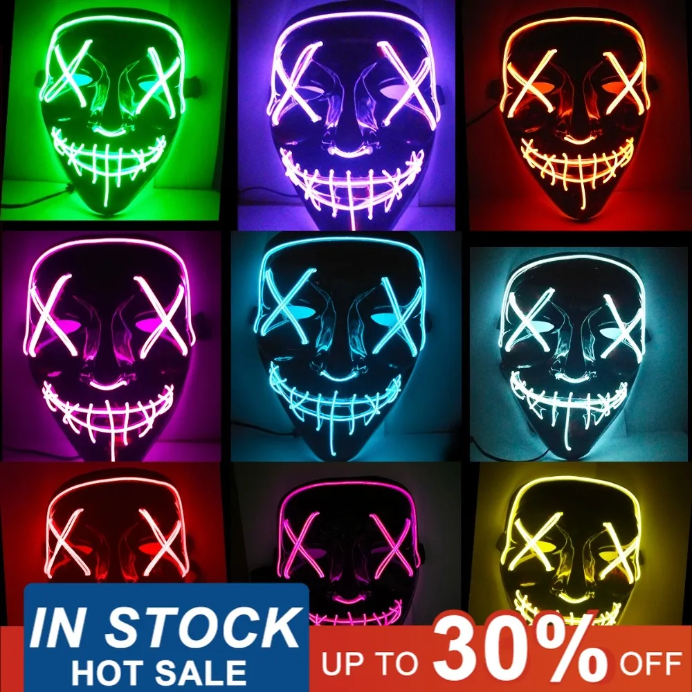 Светодиодная неоновая маскарадная маска для Хэллоуина светится в темноте ужаса