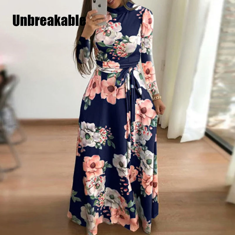 

Women autumn Dress 2020 Casual Long Sleeve Long Dress Boho Floral Print Maxi Dress Turtleneck Bandage Elegant Dresses Vestidos