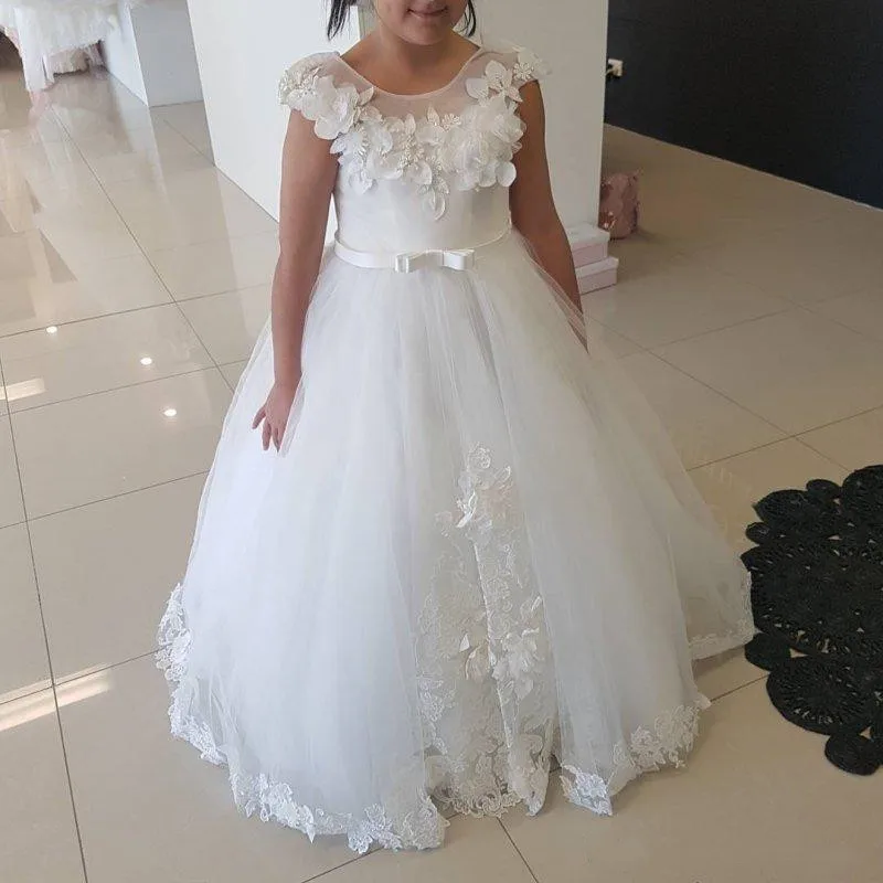 

Ball Gown Custom Flower Girl Dresses For Weddings Lace Appliqued Pageant Gowns Tulle Jewel Neck Kid First Communion Dress