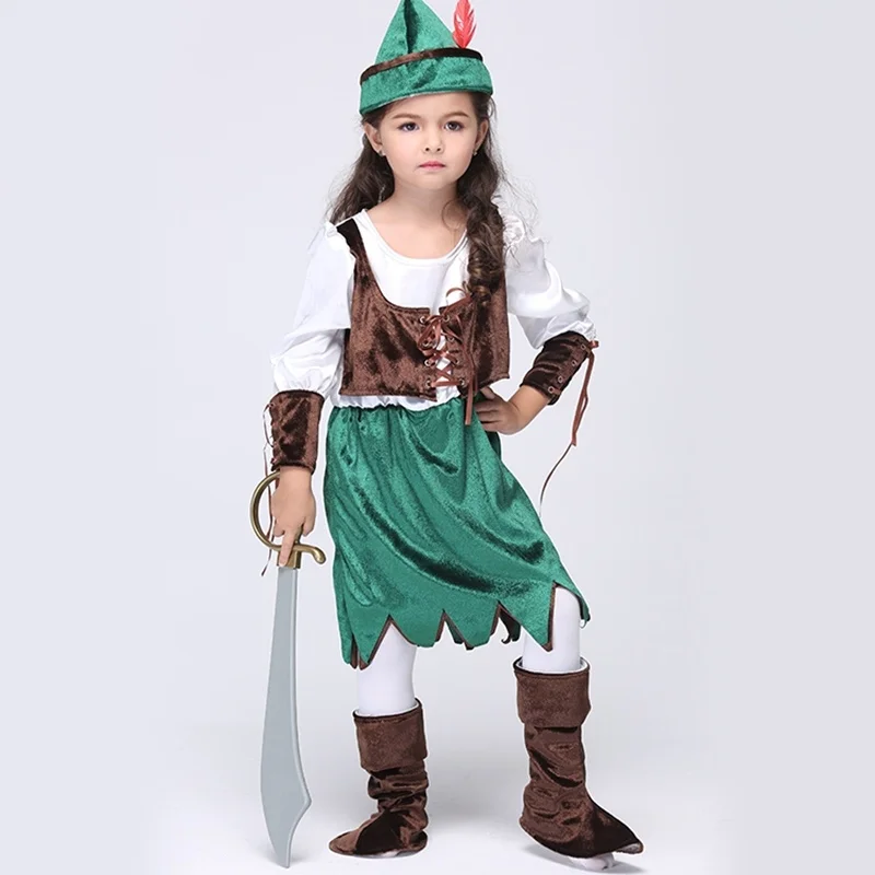 New Baby Girl Pirate Style Suit Kid Halloween Outfit 3 Piece Patchwork Dress + Hat Tip Toddler Cosplay Costume Clothing Set |