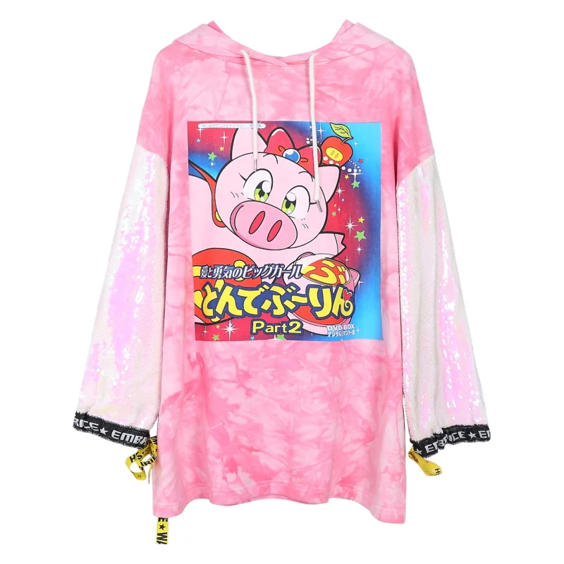 

Sequins streetwear loose sweatshirt spring autumn oversized hoodies women clothes cartoon pig pullovers cotton lady hip hop tops