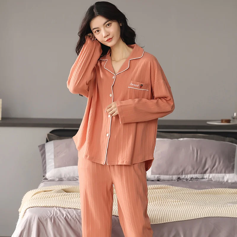

Girl Lady Solid Striped Pajama Turn-down Collar Button-Down Long sleeved Trousers Pyjamas Upper Pockets Jammies Pure Cotton CKE