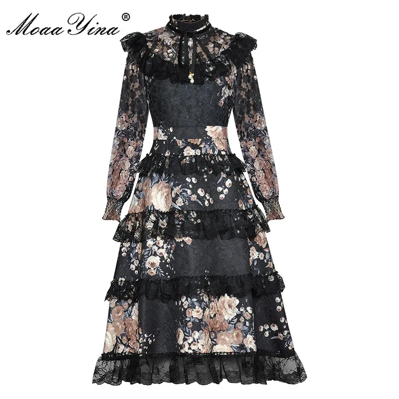MoaaYina Fashion Designer dress Autumn Women's Dress Stand Collar Long sleeve Lace Cascading Ruffle Floral Print Dresses
