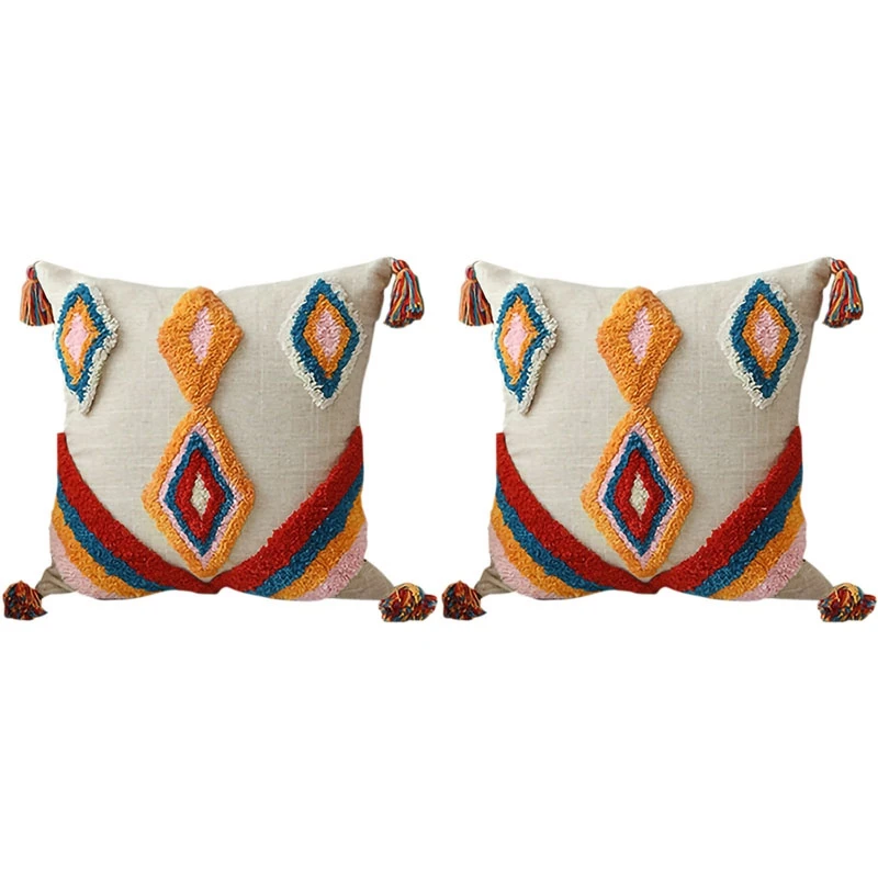 

2X Cushion Cover Tassels Boho Style Ethnic Pillow Cover Handmade Luxury Moroccan Style 45X45cm A